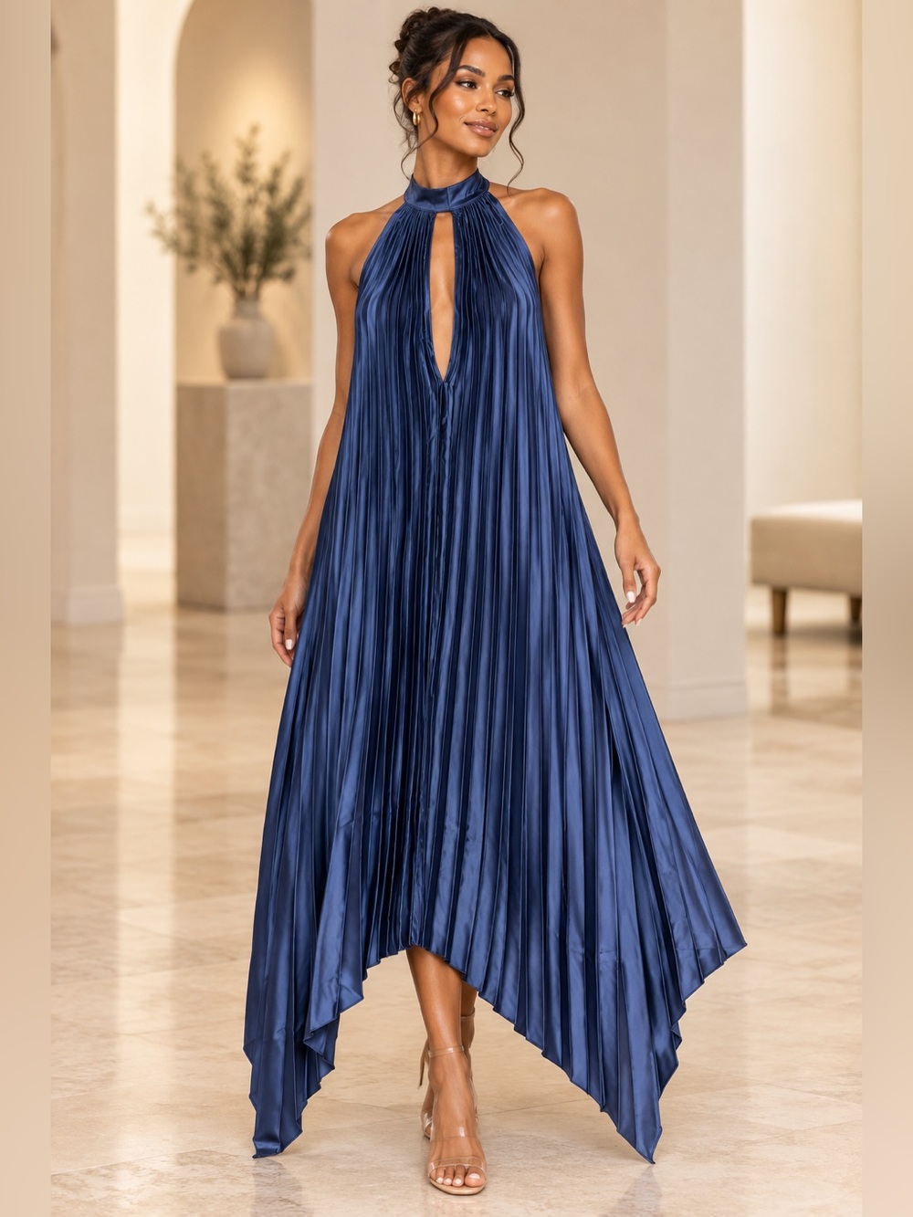 Navy Blue Pleated Satin Halter Handkerchief Maxi Dress Size Large